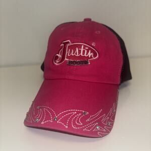 Justin Boots Womens Hat Cap Rhinestone Stitch Bill Embroidered Patch Logo Pink